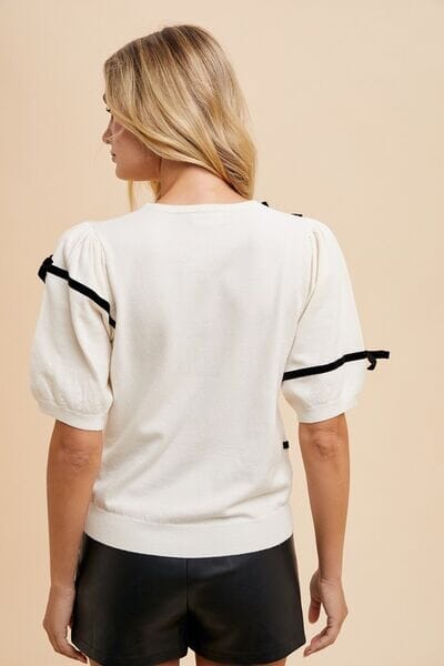 Annie Wear Striped Bow Round Neck Knit Top - Sydney So Sweet