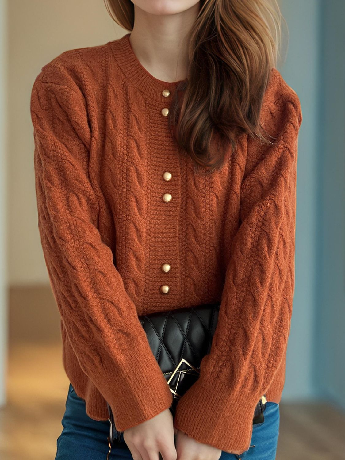 Cable-Knit Round Neck Long Sleeve Cardigan - Sydney So Sweet