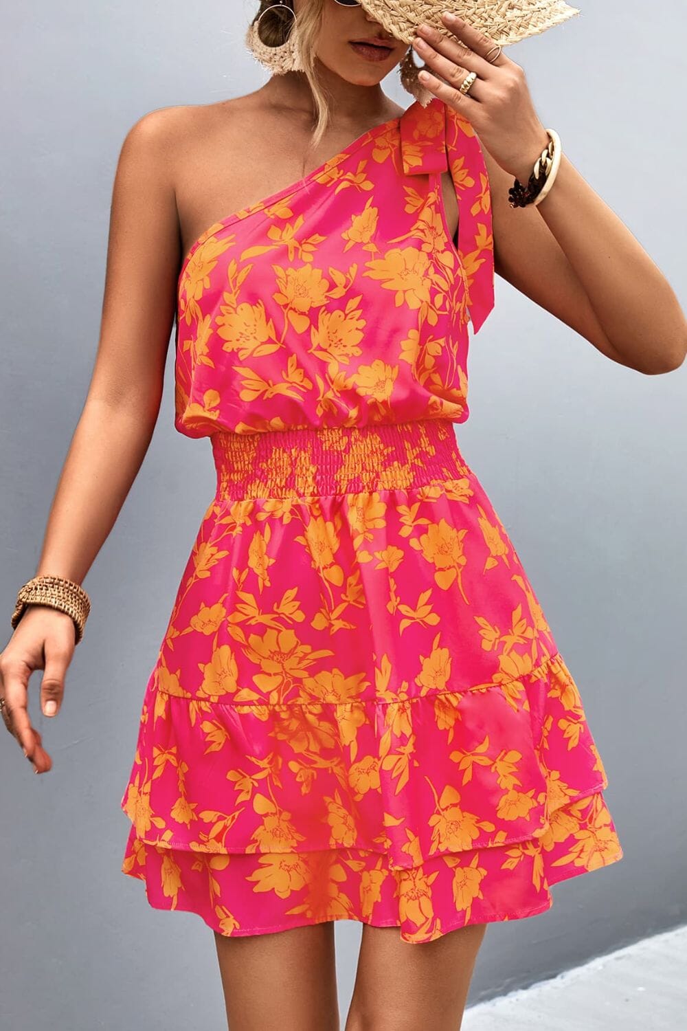 Tied Smocked Printed Single Shoulder Dress - Sydney So Sweet