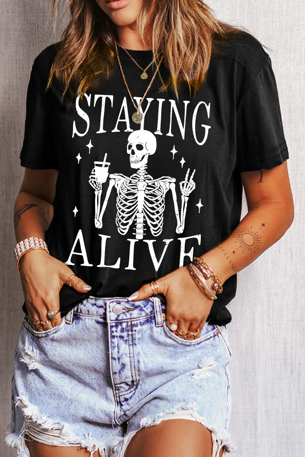 Staying Alive Skeleton Drink Women's Graphic Short Sleeve T-Shirt - Sydney So Sweet