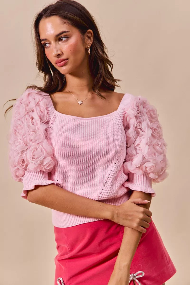SO ME Rosette Sleeves Square Neck Sweater Knit Top - Sydney So Sweet
