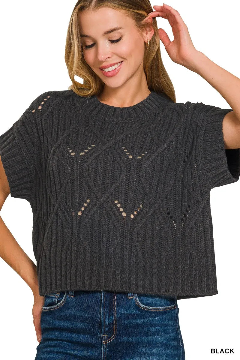 Zenana Cable Knit Short Sleeve Sweater - Sydney So Sweet
