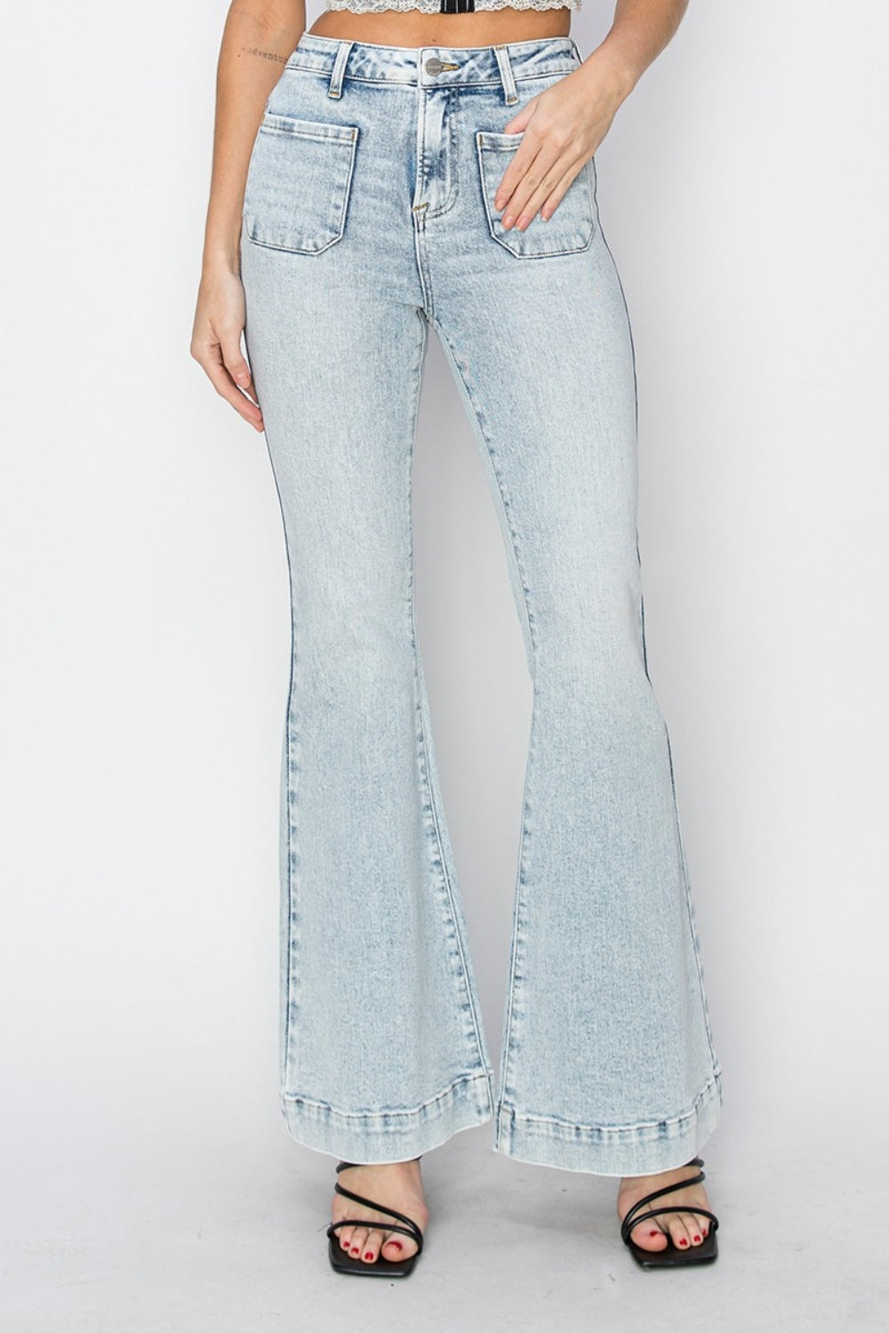 Risen Full Size High Rise Front Patch Pocket Flare Jeans - Sydney So Sweet