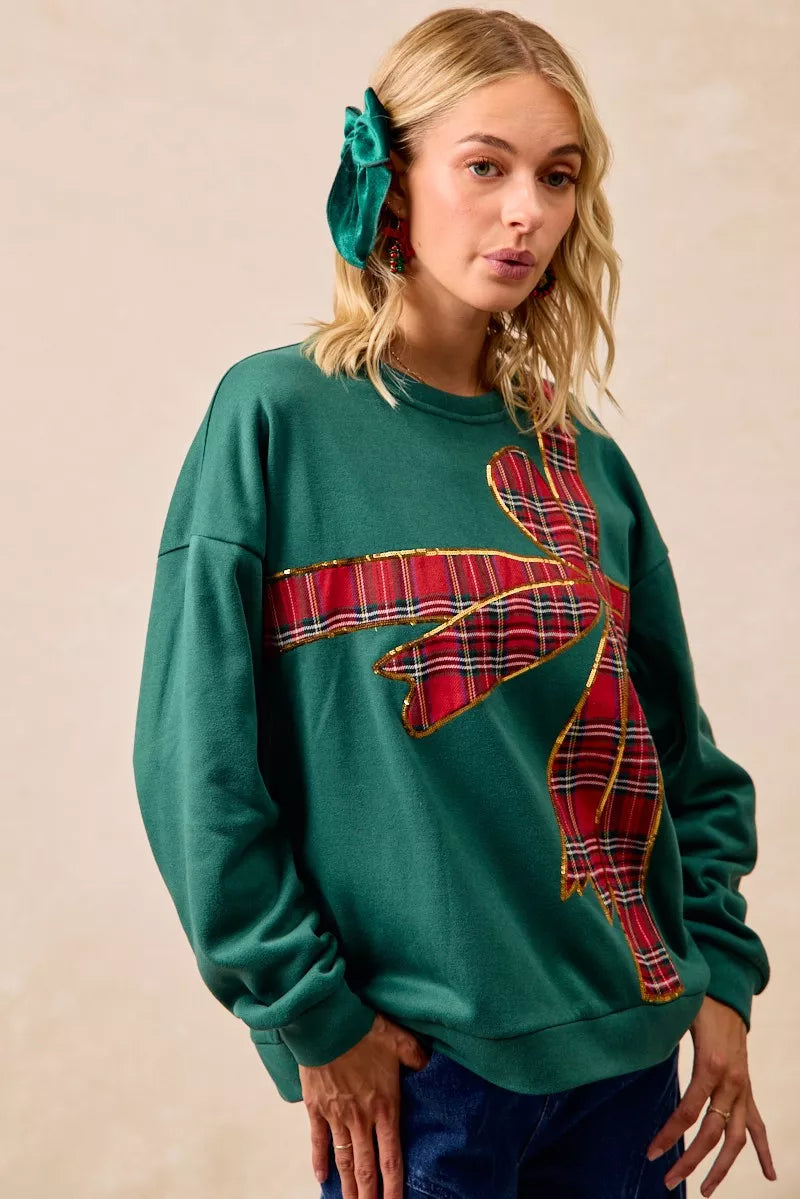 BiBi Plaid Ribbon Bow Detail Christmas Fleece Pullover - Sydney So Sweet