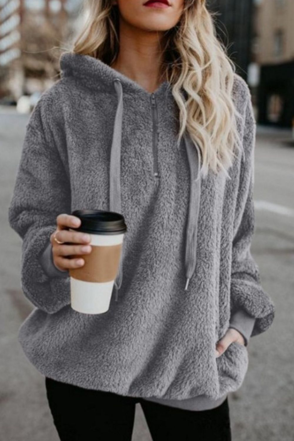 Full Size Quarter-Zip Drawstring Teddy Hoodie - Sydney So Sweet