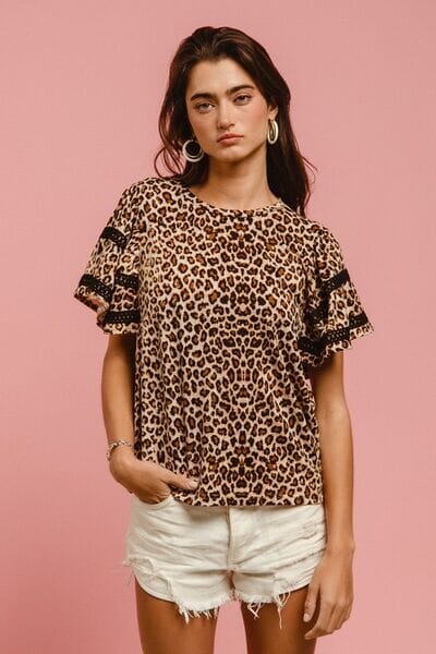 BiBi Leopard Crochet Trim Round Neck Short Sleeve Top - Sydney So Sweet