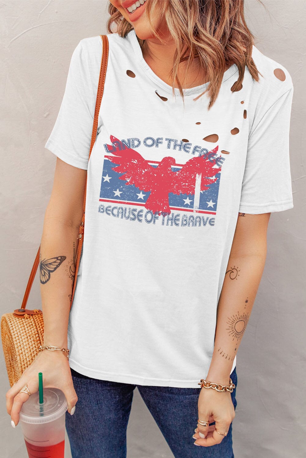 Cutout Land of the Free Short Sleeve Women&#39;s Graphic T-Shirt - Sydney So Sweet