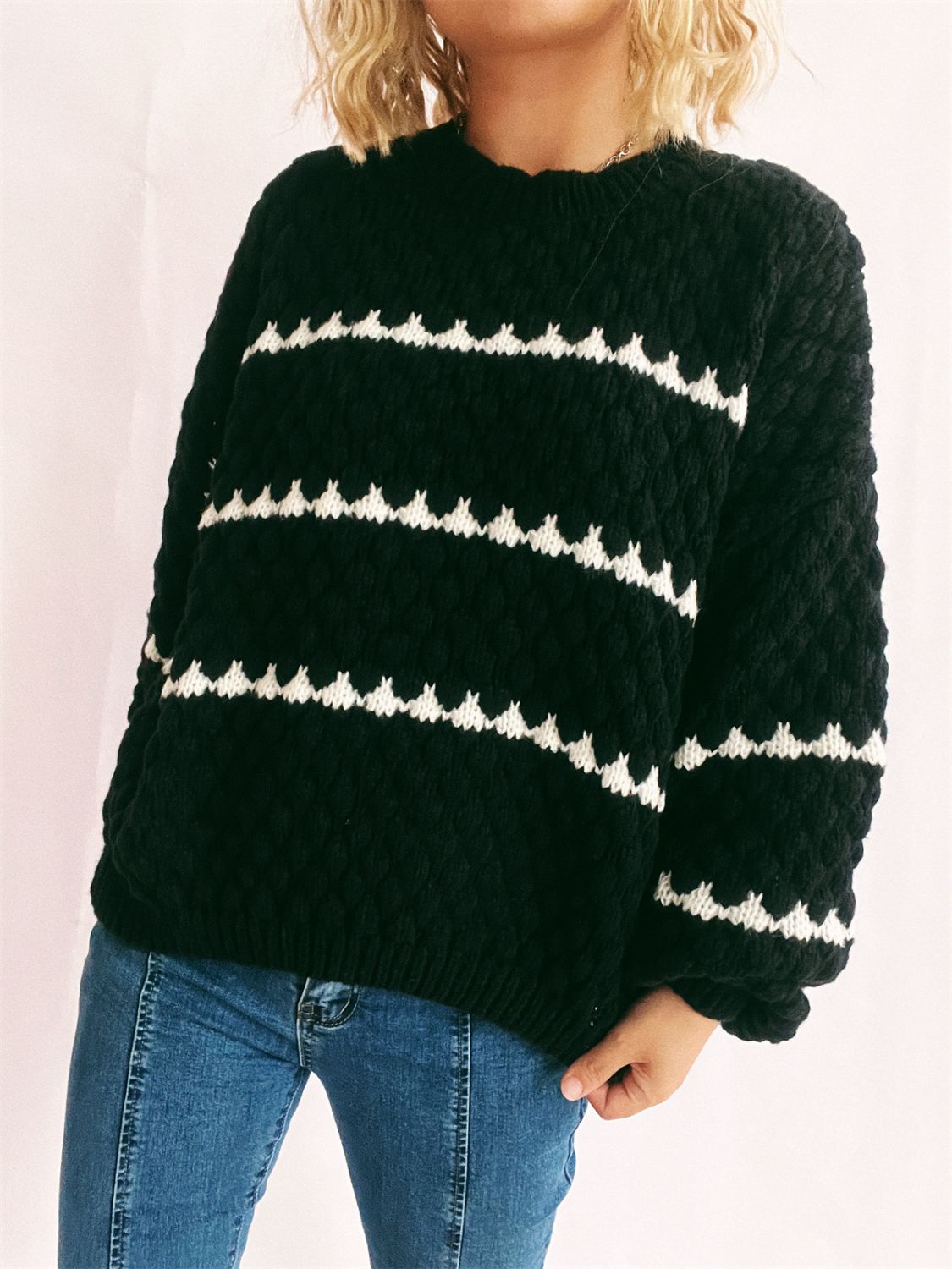 Contrast Stripes Round Neck Long Sleeve Sweater - Sydney So Sweet