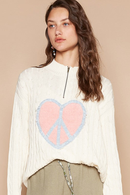 POL Cable-Knit Peace Patch Dropped Shoulder Sweater - Sydney So Sweet