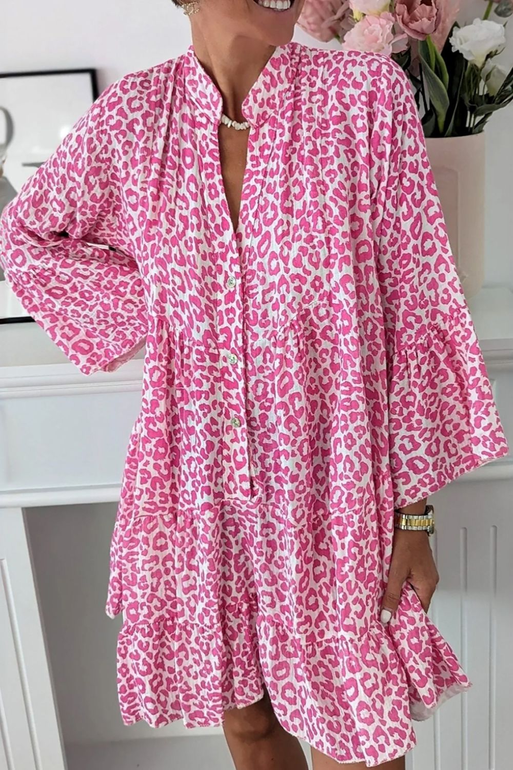 Leopard Notched Long Sleeve Shirt Dress - Sydney So Sweet