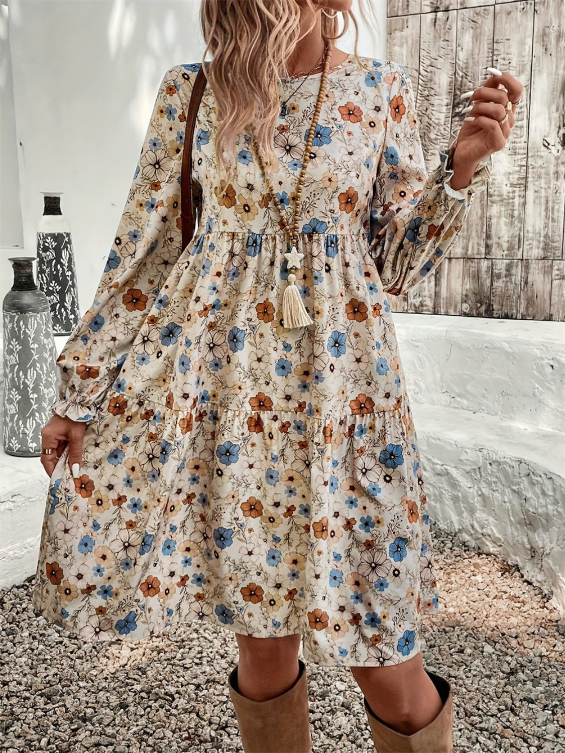 Ruffled Printed Round Neck Long Sleeve Dress - Sydney So Sweet