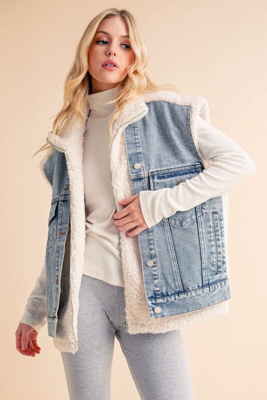Aemi + Co Fake Two Pieces Denim Patch Sherpa Vest Coat - Sydney So Sweet