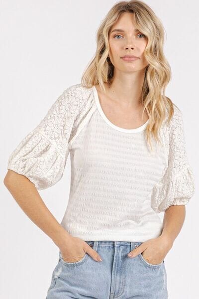 Mittoshop Mixed Media Textured Knit Popcorn Puff Sleeve Blouse - Sydney So Sweet