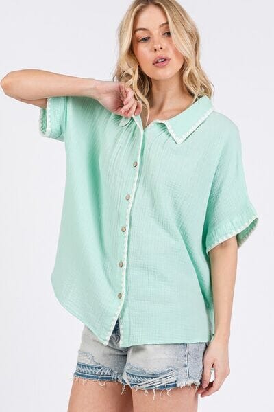 SAGE+FIG Boho Contrast Zigzag Trim Gauze Button-Up Shirt - Sydney So Sweet