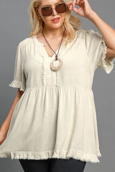 Umgee Full Size Raw Hem Notched Babydoll Linen Blouse Plus Size - Sydney So Sweet