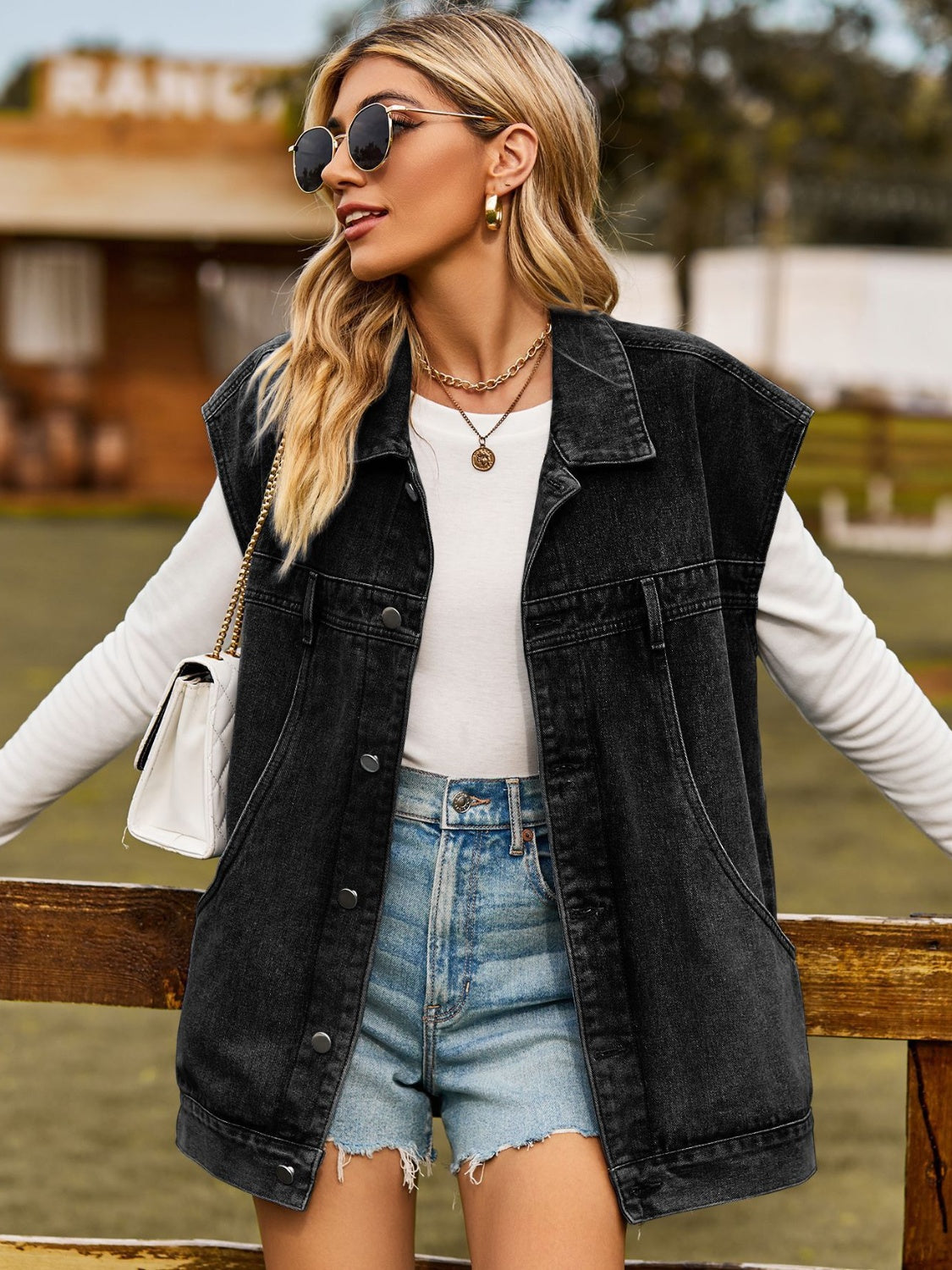 Button Up Collared Neck Sleeveless Denim Jacket - Sydney So Sweet