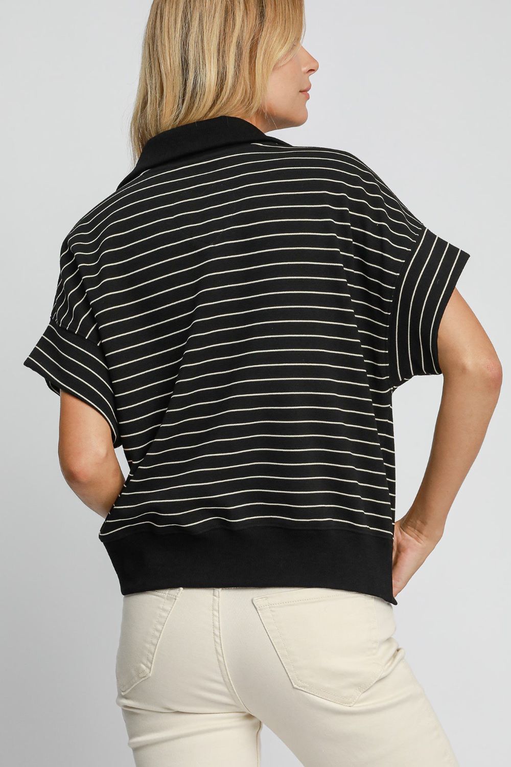 Umgee Striped Half Zip Short Sleeve Sweatshirt - Sydney So Sweet