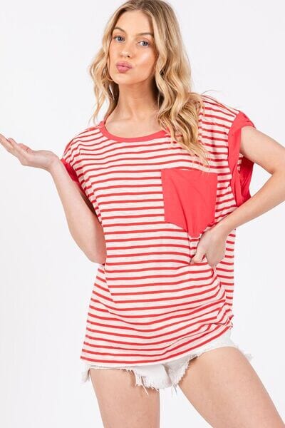 Ces Femme Side Slit Striped Cap Sleeve T-Shirt - Sydney So Sweet