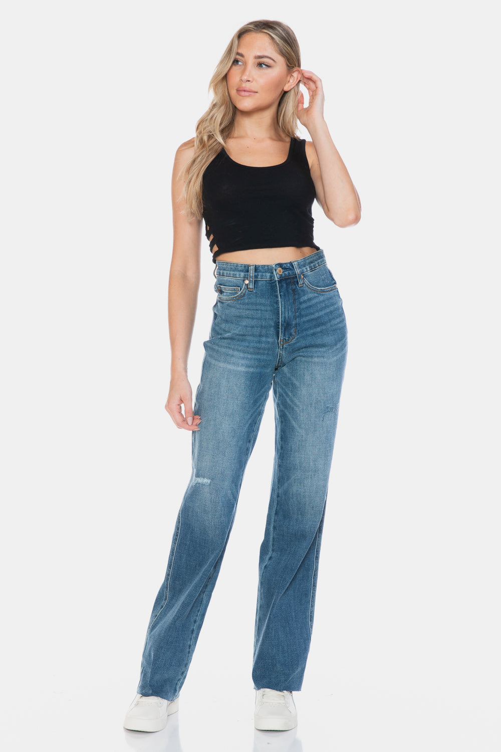 Judy Blue Full Size Tummy Control Cut Raw Hem Straight Jeans - Sydney So Sweet