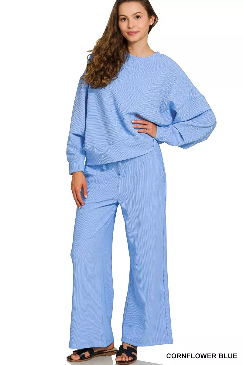 Zenana Ribbed Round Neck Pullover and Drawstring Pants Set - Sydney So Sweet