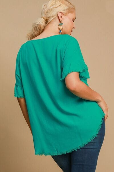 Umgee Full Size Raw Hem Ruffle Short Sleeve Blouse Plus Size - Sydney So Sweet