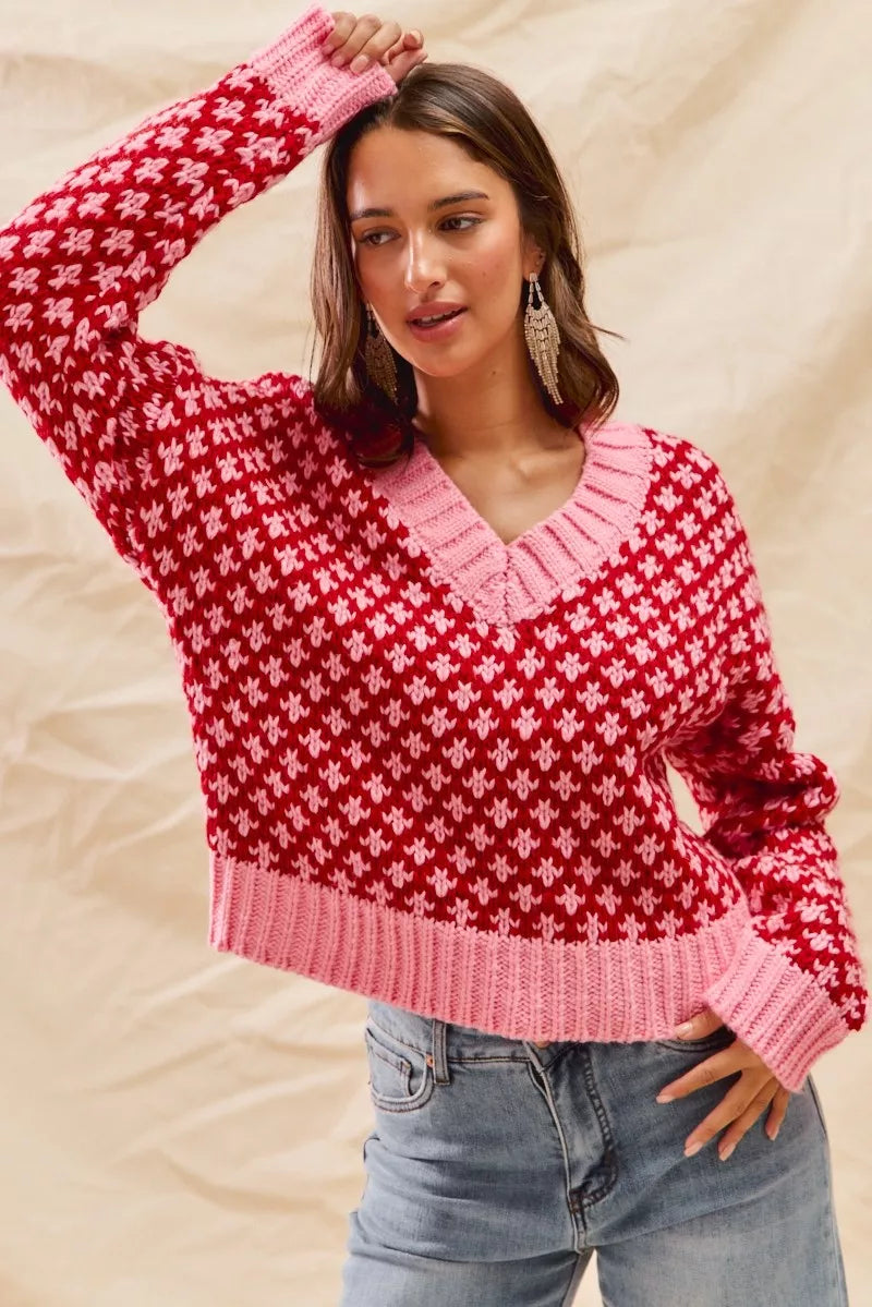 SO ME Color Block Textured Christmas Sweater V Neck Top - Sydney So Sweet