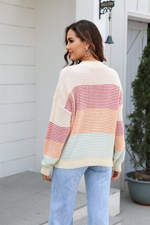 Waffle-Knit Round Neck Dropped Shoulder Color Block Sweater - Sydney So Sweet