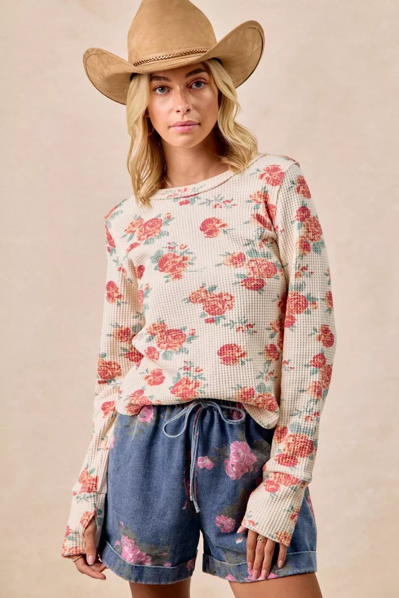 BiBi Floral Print Washed Waffle Thermal Top With Thumb - Sydney So Sweet