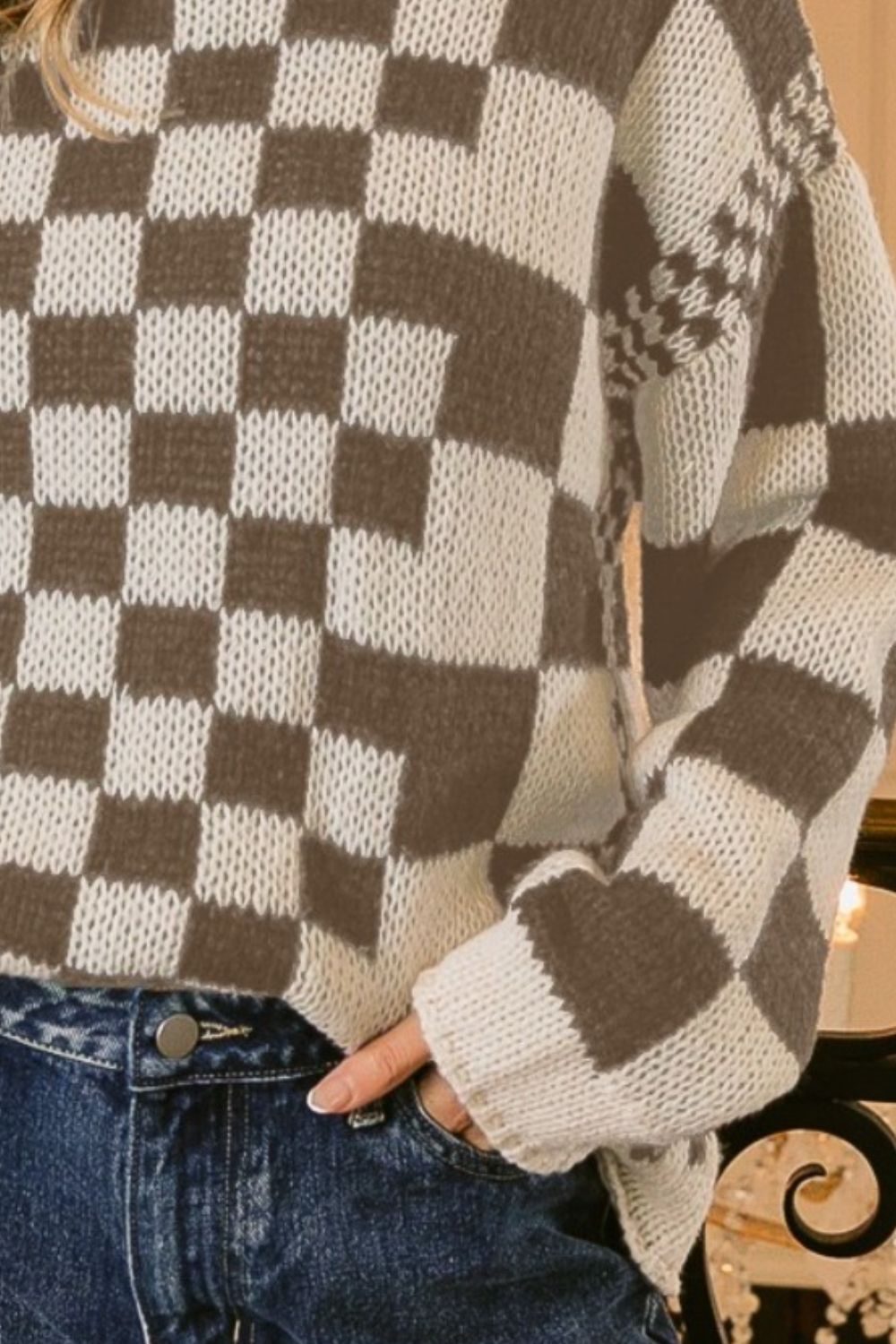 BiBi Checkered Contrast Chunky Sweater - Sydney So Sweet