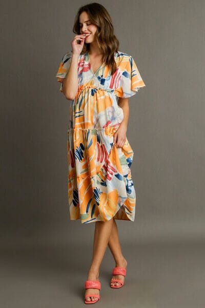 Umgee Full Size Abstract Print Flutter Sleeve Frill Tiered Midi Dress Plus Size - Sydney So Sweet