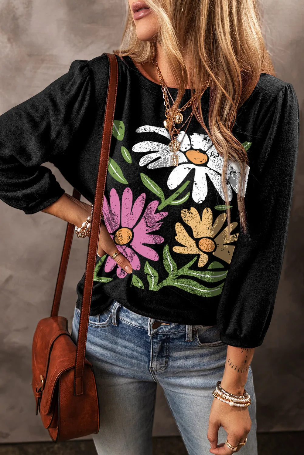 Flower Graphic Round Neck Long Sleeve Top - Sydney So Sweet