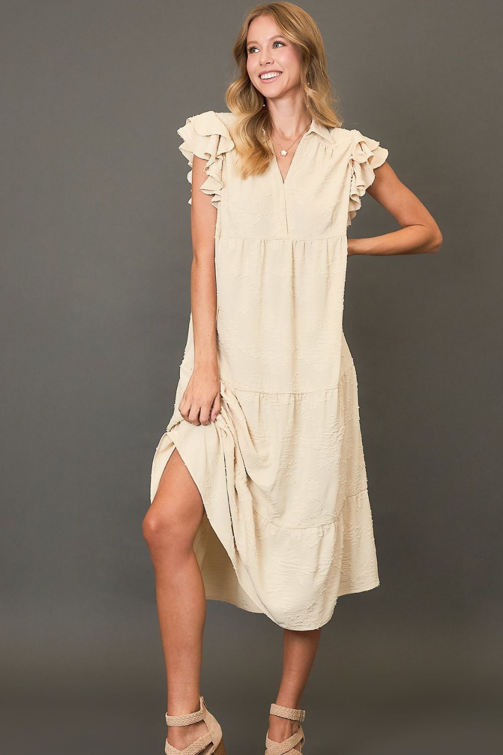 Umgee Full Size Tiered Floral Burnout Ruffle Sleeve Midi Dress Plus Size - Sydney So Sweet