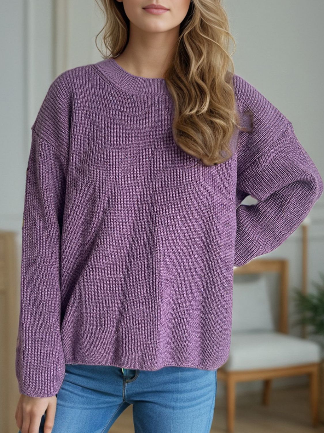 Solid Color Round Neck Long Sleeve Sweater - Sydney So Sweet