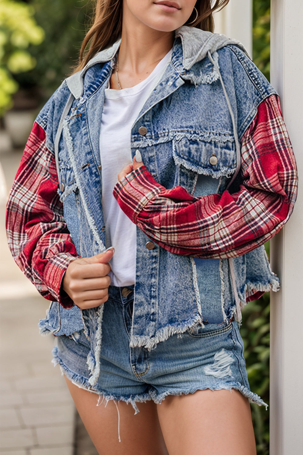 Raw Hem Drawstring Plaid Denim Jacket - Sydney So Sweet