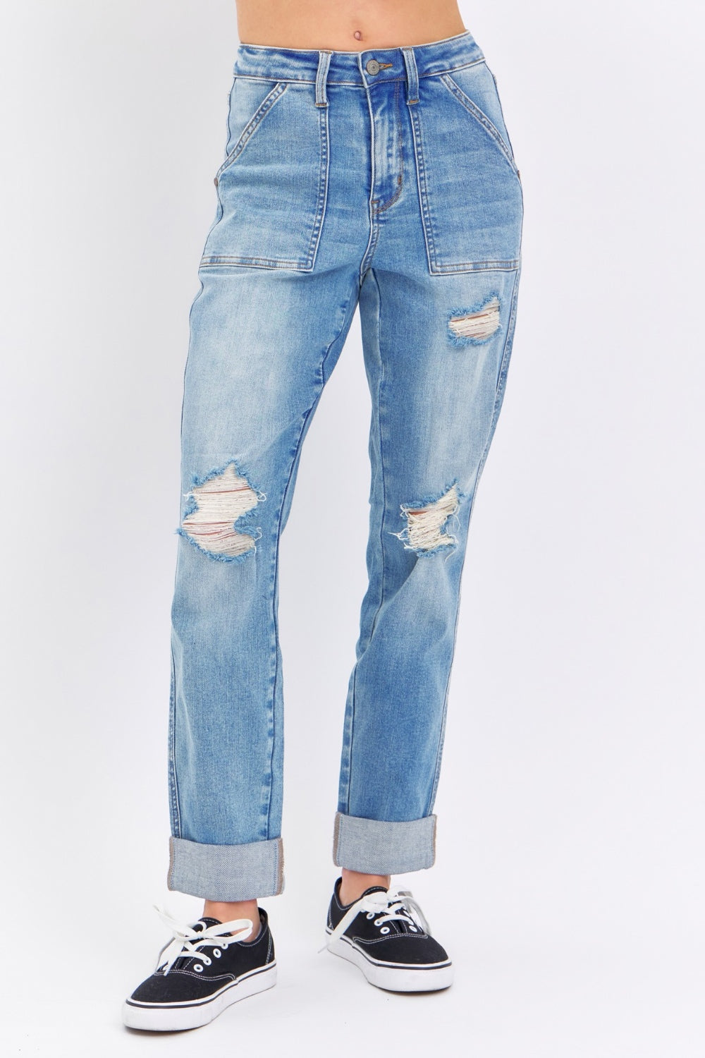 Judy Blue Full Size Distressed Straight Jeans with Patch Pockets - Sydney So Sweet