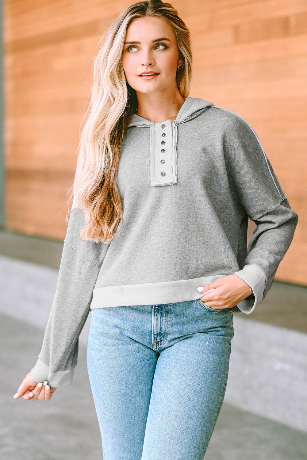 Quarter-Button Exposed Seam Dropped Shoulder Hoodie - Sydney So Sweet