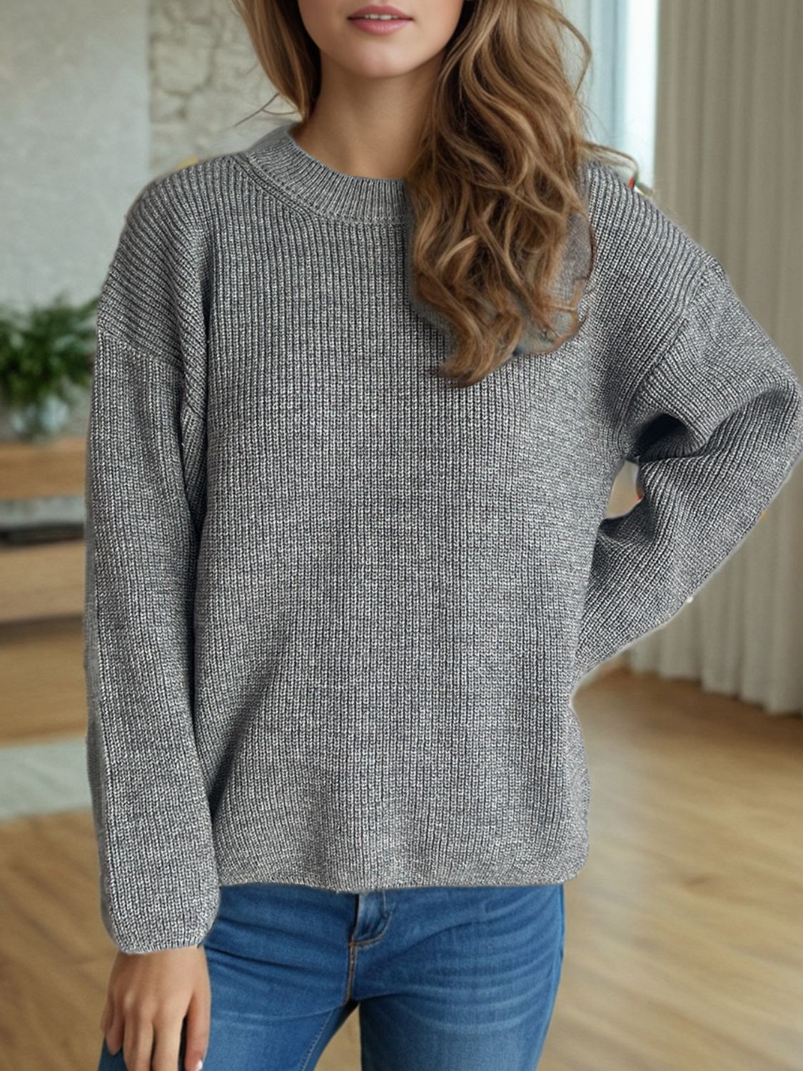 Solid Color Round Neck Long Sleeve Sweater - Sydney So Sweet