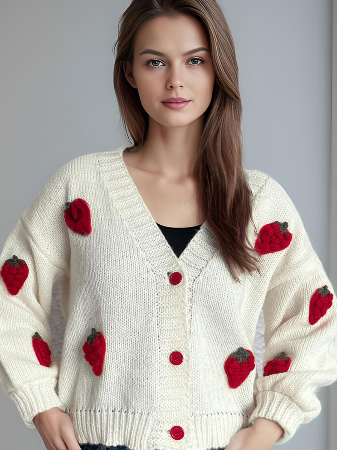 Crochet Strawberry V-Neck Long Sleeve Cardigan - Sydney So Sweet