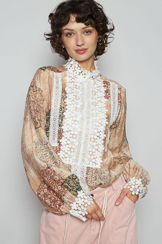 POL Lace Detail Printed Button Down Shirt - Sydney So Sweet