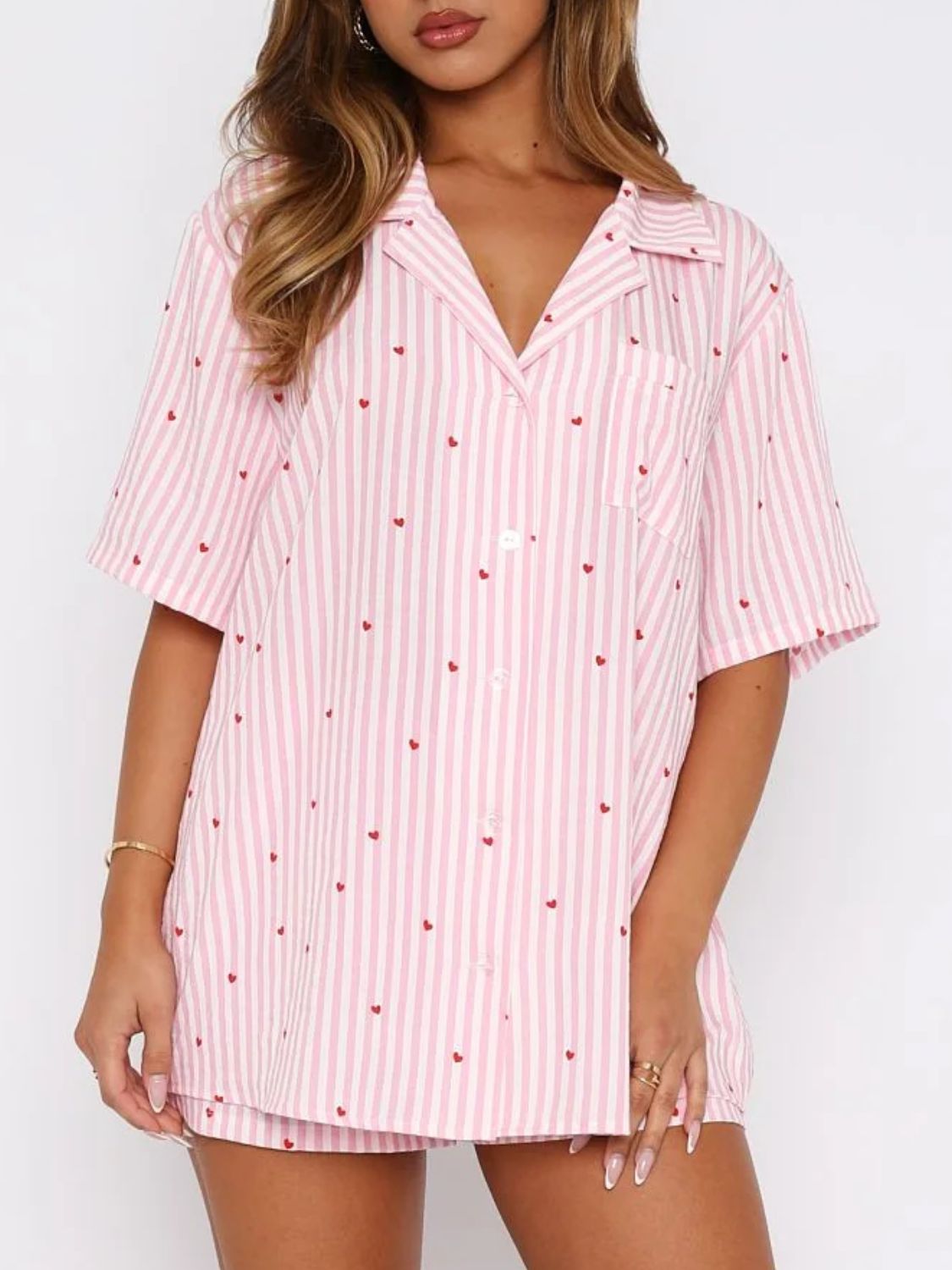 Valentine's Day Printed Collared Neck Short Sleeve Top and Shorts Set - Sydney So Sweet