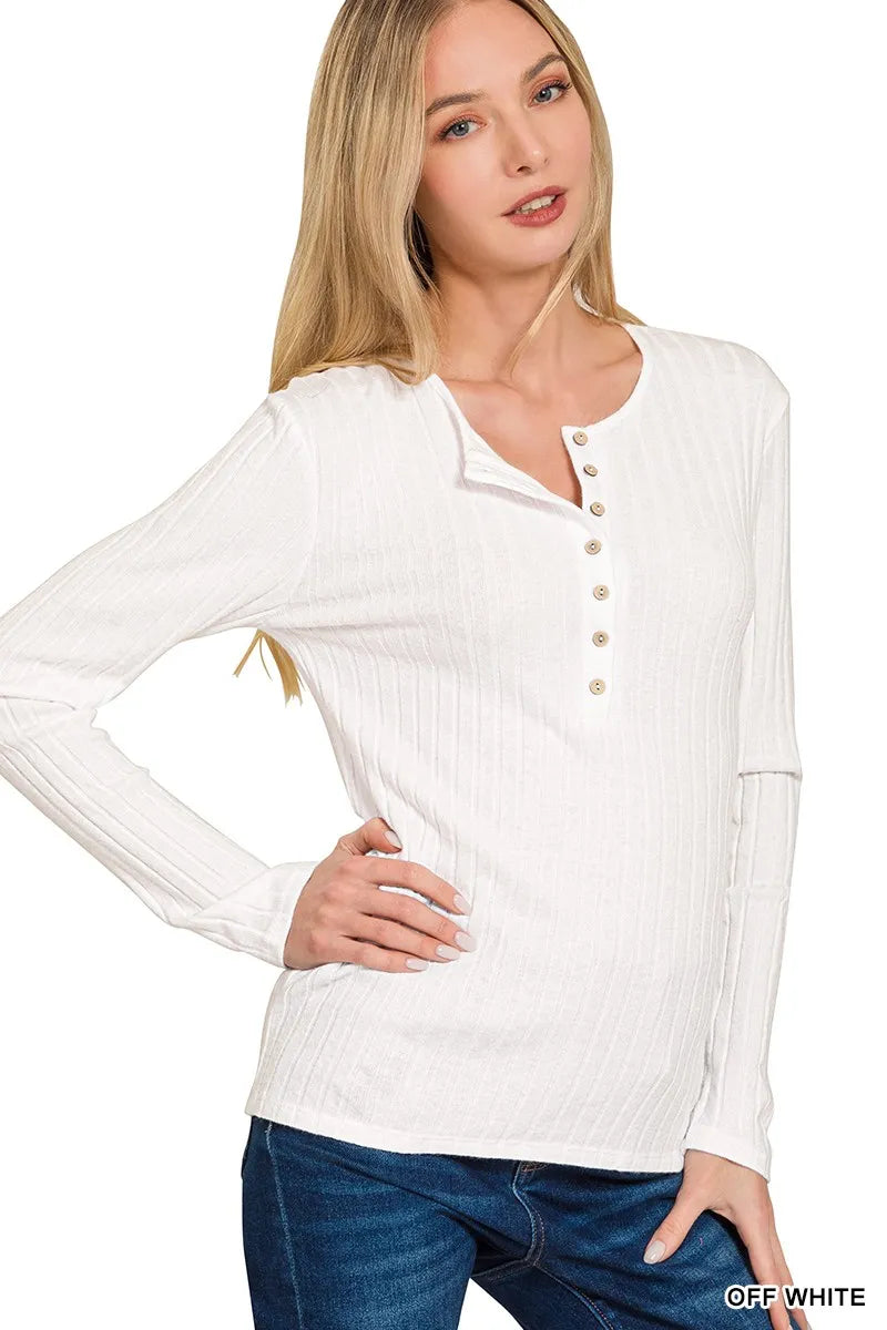 Zenana Ribbed Long Sleeve Half Button Top - Sydney So Sweet