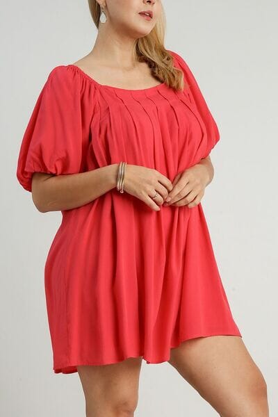Umgee Full Size Squared Neck Puff Sleeve Mini Dress Plus Size - Sydney So Sweet