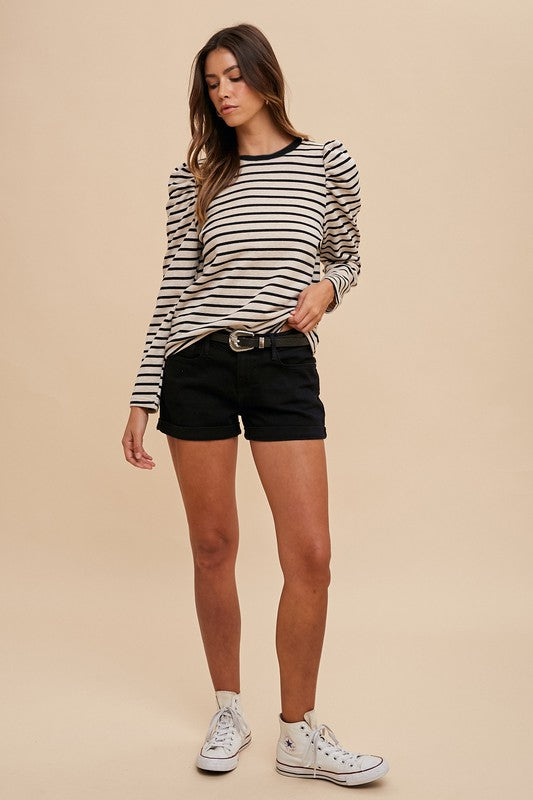 Annie Wear Striped Round Neck Puff Sleeve French Terry Top - Sydney So Sweet