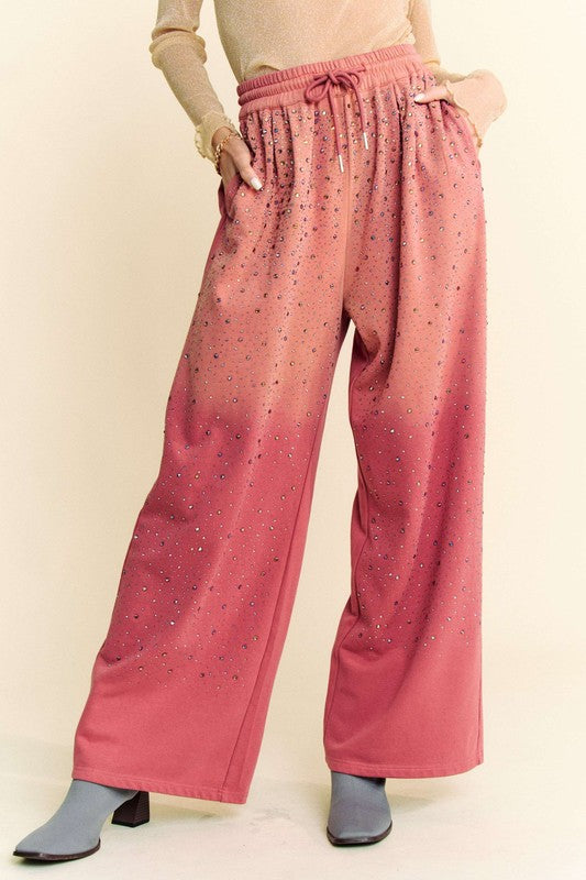 Davi &amp; Dani Rhinestone Drawstring Wide Leg Pants - Sydney So Sweet