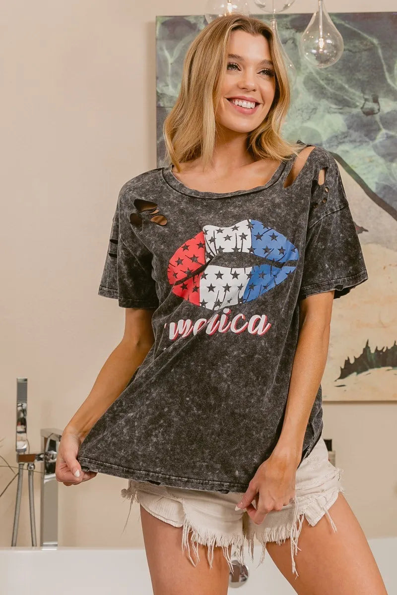 BiBi Laser Cut Mineral Washed Old Glory Lip Print Top - Sydney So Sweet