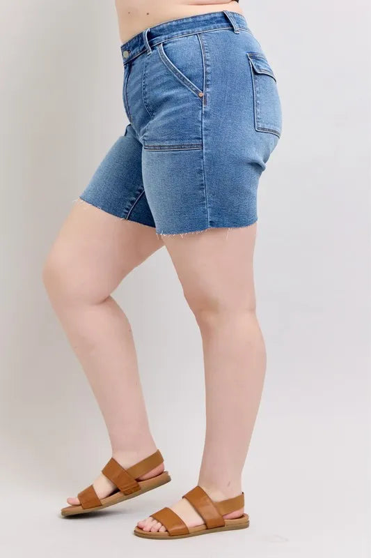 Judy Blue Full Size Mid Rise Bermudas Denim Shorts W/ Back Flap Pockets Plus Size - Sydney So Sweet