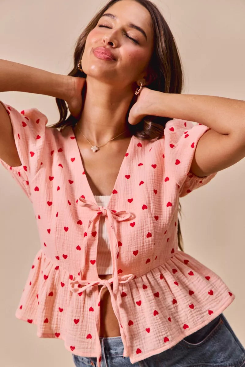 SO ME All Over Heart Ribbon Tie Baby Doll Valentine Blouse - Sydney So Sweet