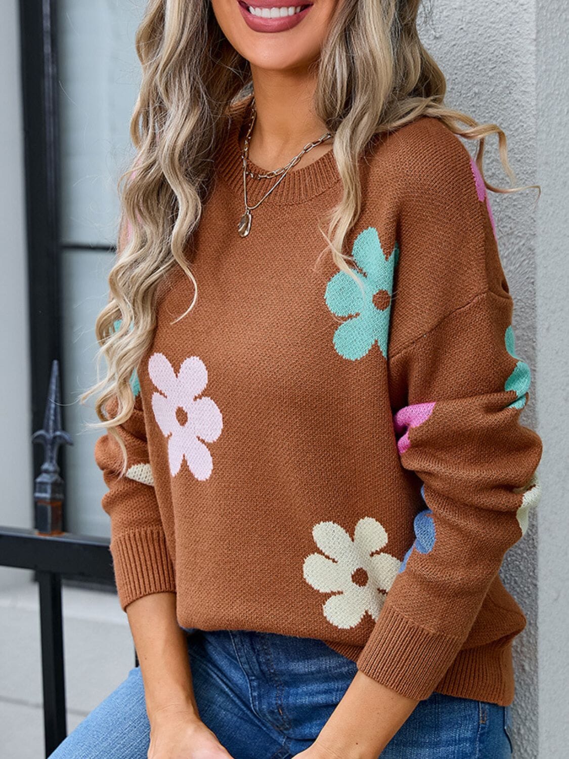 Flower Round Neck Long Sleeve Sweater - Sydney So Sweet