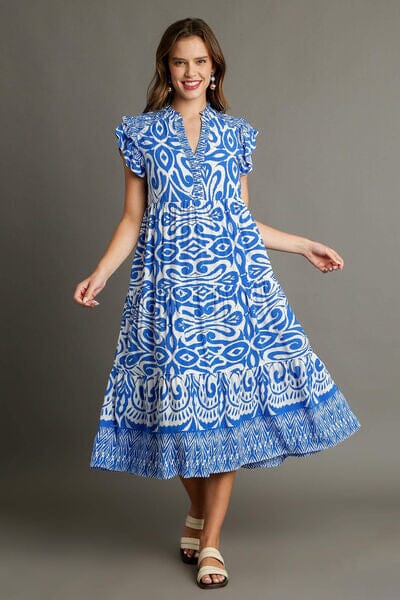 Umgee Full Size Two Tone Border Print Ruffle Cap Sleeve Midi Dress Plus Size - Sydney So Sweet
