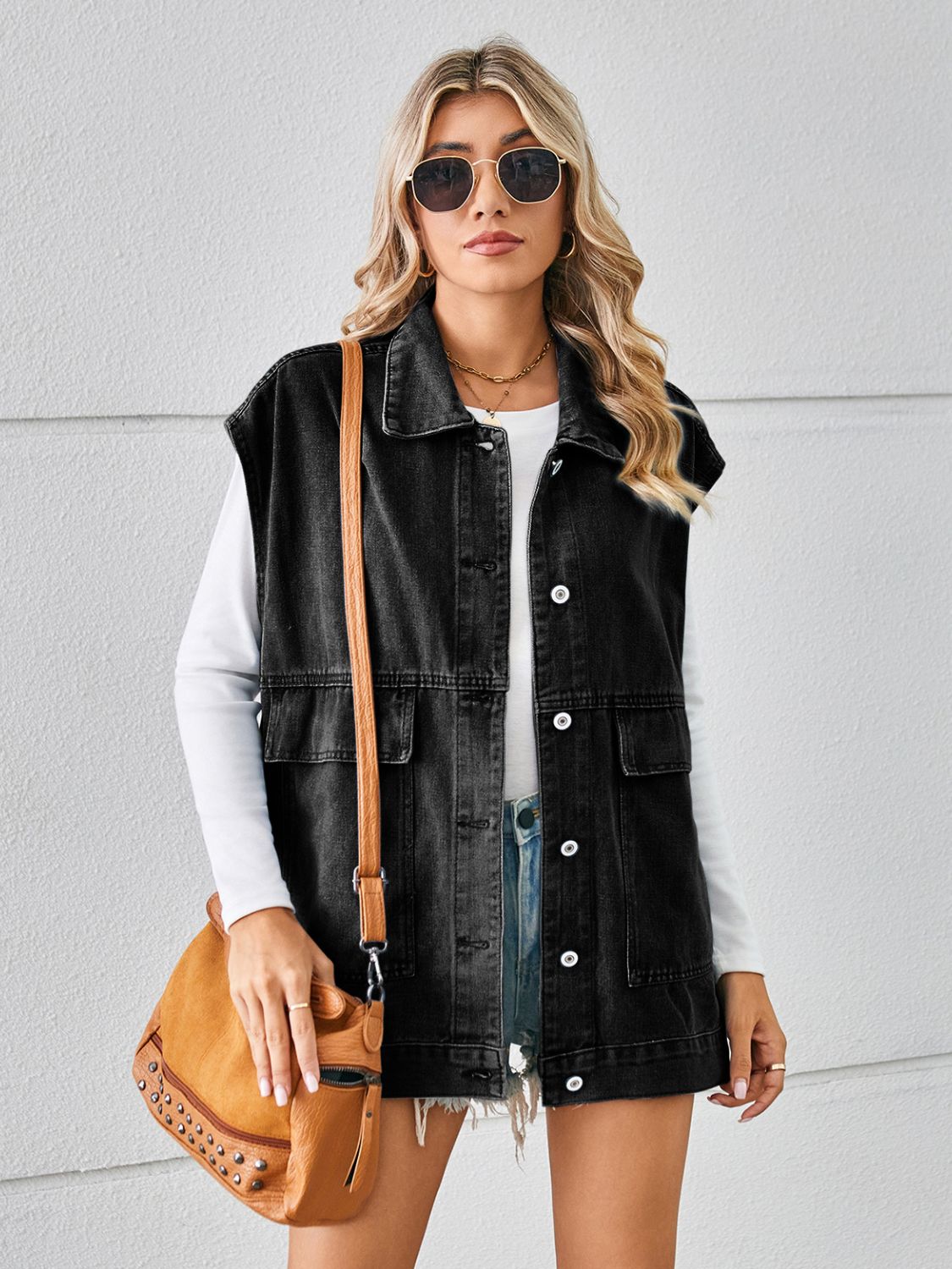 Pocketed Button Up Sleeveless Denim Jacket - Sydney So Sweet